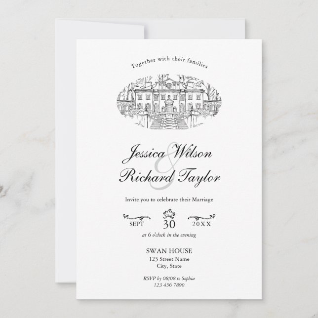 Classic Custom Hand Drawn Venue Manor Illustration Invitation (Front)