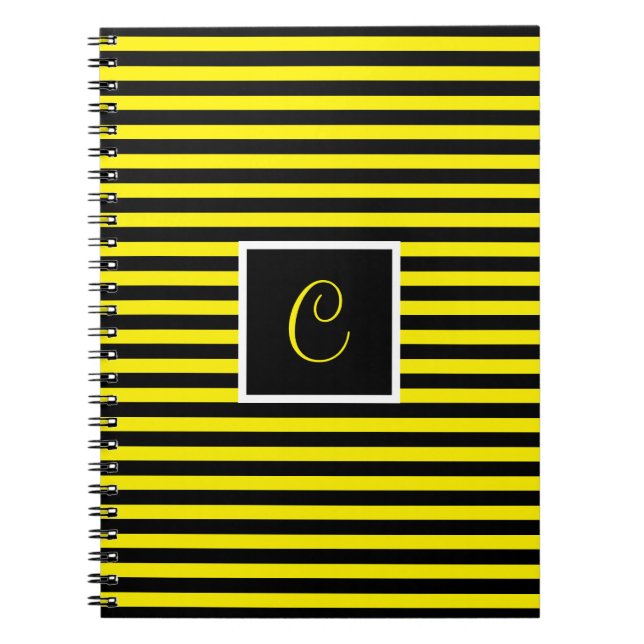 Classic Custom Initial Yellow and Black Striped Notebook (Front)
