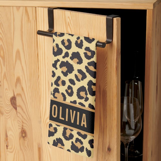 Classic Custom Name Leopard Animal Print Pattern Tea Towel (Thirds Fold)