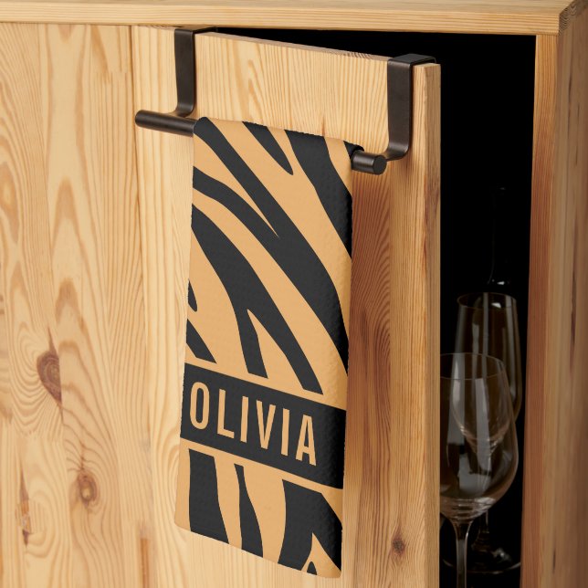 Classic Custom Name Tiger Animal Print Pattern Tea Towel (Thirds Fold)