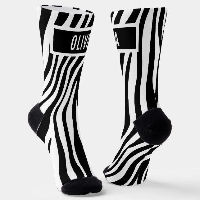 Classic Custom Name Zebra Animal Print Pattern Socks (Angled)