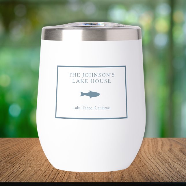 Classic Customisable Plaid Lake House Blue Fish (Custom Lake House Wine Tumbler – Personalize Family Name Fish Design – Perfect for Summer Retreats!)
