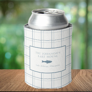 Classic Customisable Plaid Lake House Blue Fish Can Cooler