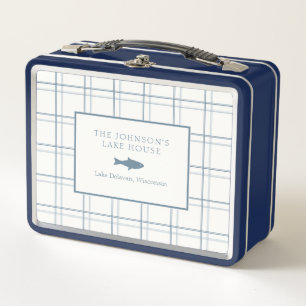 Classic Customisable Plaid Lake House Blue Fish Metal Lunch Box