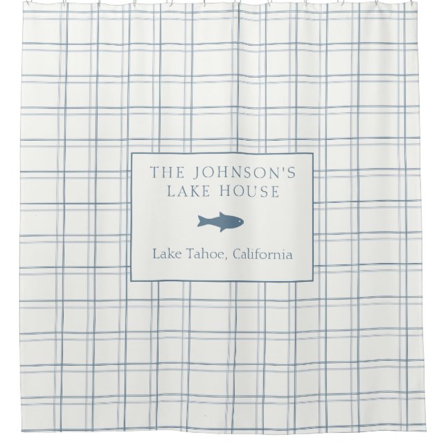 Classic Customisable Plaid Lake House Blue Fish Shower Curtain (Front)