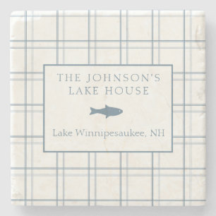 Classic Customisable Plaid Lake House Blue Fish Stone Coaster