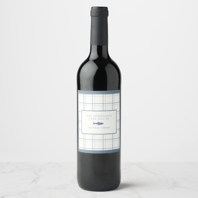 Classic Customisable Plaid Lake House Blue Fish Wine Label (Front)