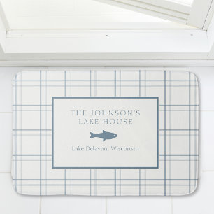 Classic Customizable Plaid Lake House Blue Fish Bath Mat
