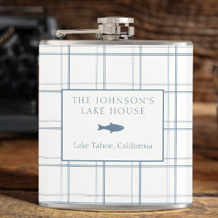 Classic Customizable Plaid Lake House Blue Fish Hip Flask