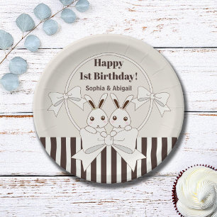 Classic Cute Bunny Twin Little Girl Kids Birthday Paper Plate