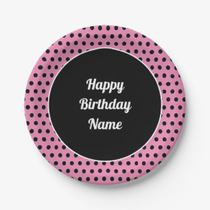 Classic Cute Happy Birthday Polka Dot Pink Paper Plate