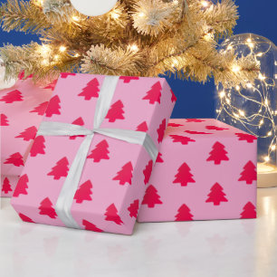 Classic Cute Hot Pink Christmas Trees on Pink Wrapping Paper