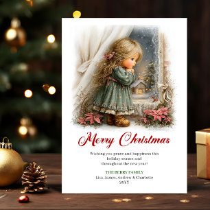 Classic Cute Little Girl Christmas Scene Greeting Holiday Card