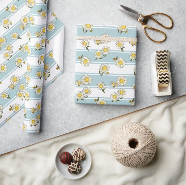 Classic Daisies and Classic Stripe Light Blue  Wrapping Paper (Crafts)