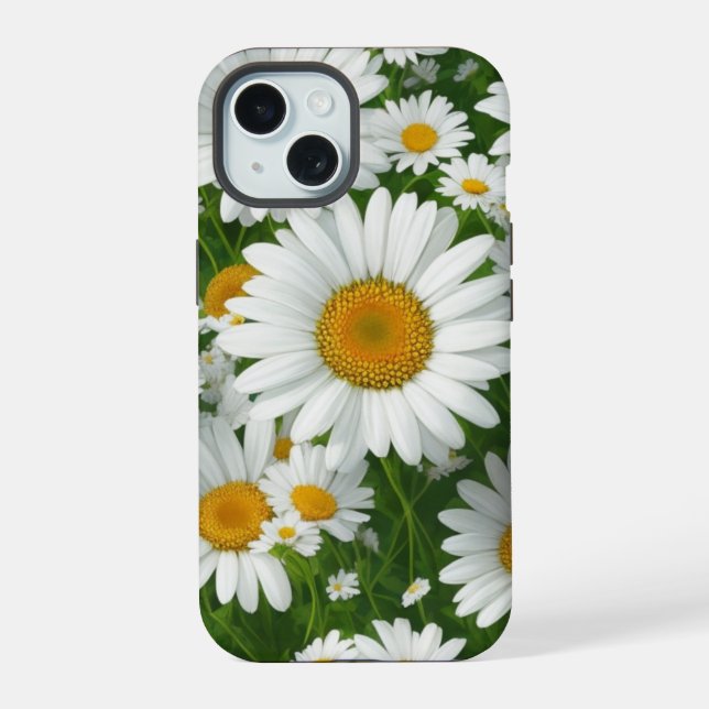 Classic daisy pattern white floral fields greenery iPhone 15 case (Back)