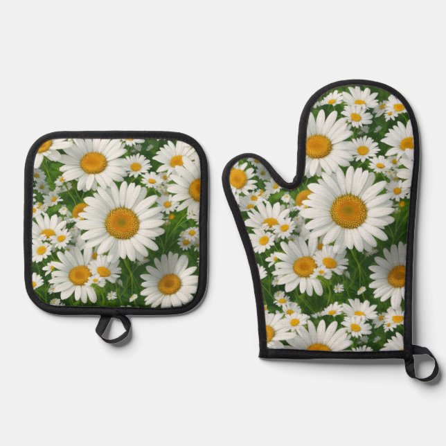 Classic daisy pattern white floral fields greenery oven mitt & pot holder set (Front)