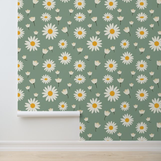 Classic Daisy Vintage-Inspired Sage Green Wallpaper (Application)