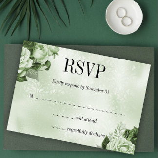 Classic Damask and Rose Bouquet Green Wedding RSVP Card
