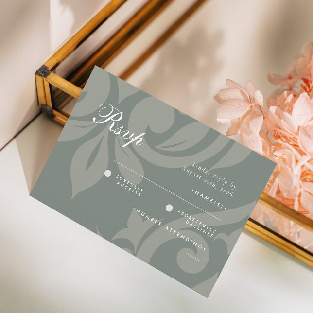 Classic Damask Earthy Olive Photo Wedding RSVP (Creator Uploaded)