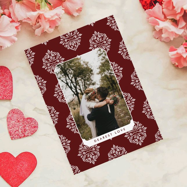 Classic Damask Elegant Script Valentine's Day Card (Creator Uploaded)