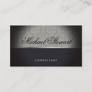 Classic Damask Pattern Black Leather Business Card