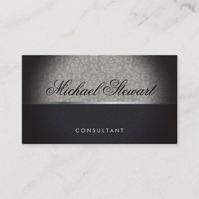 Classic Damask Pattern Black Leather Business Card (Front)