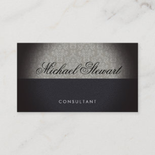 Classic Damask Pattern Black Leather Business Card