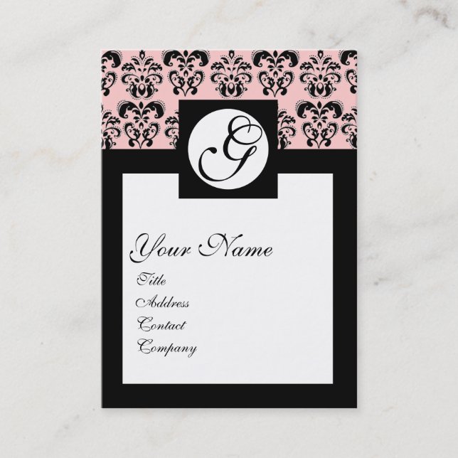 CLASSIC DAMASK SQUARE MONOGRAM ,Pink Business Card (Front)