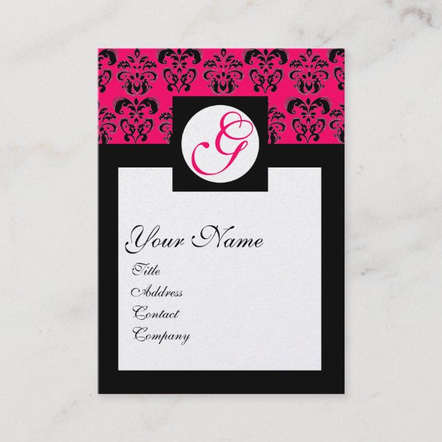 CLASSIC DAMASK SQUARE MONOGRAM ,pink fuchsia gold Business Card (Front)