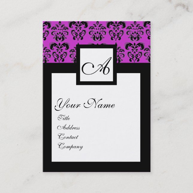 CLASSIC DAMASK SQUARE MONOGRAM,purple, violet Business Card (Front)