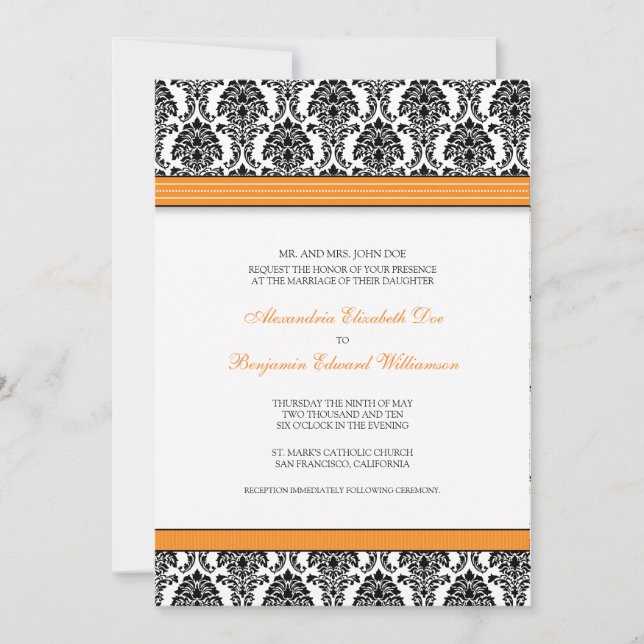 Classic Damask Wedding Invitation (orange ribbons) (Front)