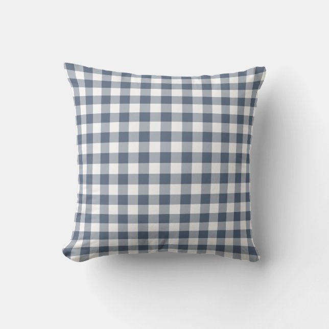 Classic Dark Blue and White Gingham Pattern Cushion (Front)