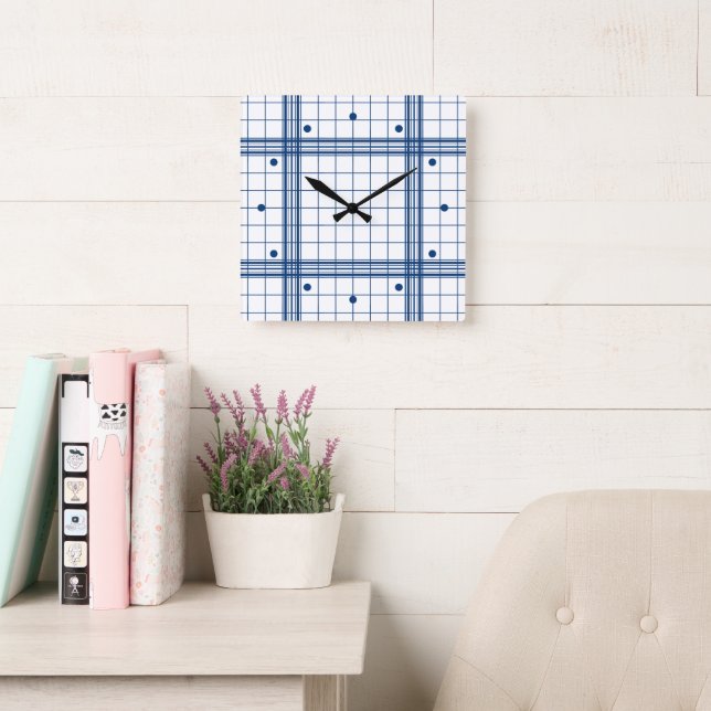 Classic Dark Blue Farmhouse Plaid Pattern On White Square Wall Clock (Reading Room)