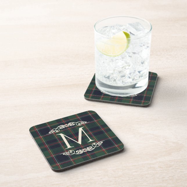 Classic Dark Blue Red Green Plaid Pattern Coaster (Right Side)