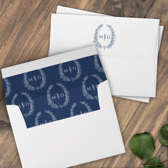 Classic dark blue white monogram wreath wedding envelope (Creator Uploaded)