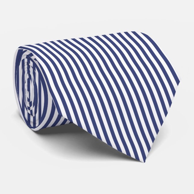 Classic Dark Blue White Vertical Stripes Pattern Tie (Rolled)
