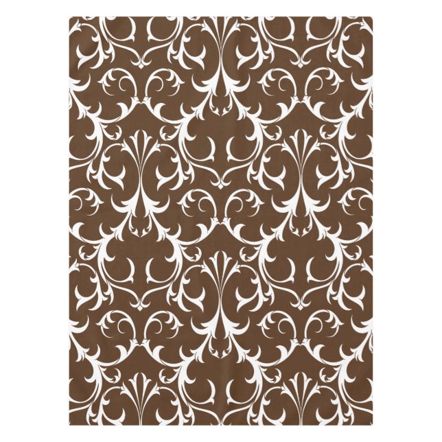 Classic Dark Brown & White Damask Floral  Tablecloth (Front)