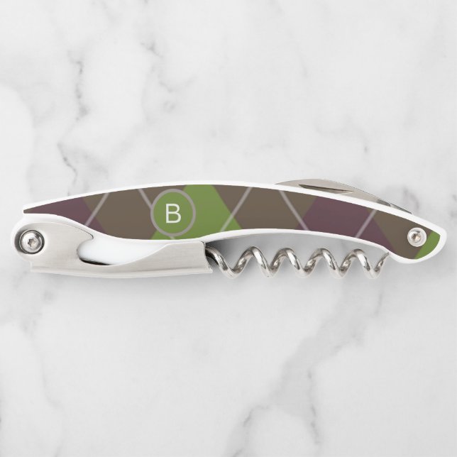Classic Dark Green Argyle Pattern Monogram Corkscrew (Front)