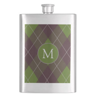 Classic Dark Green Argyle Pattern Monogram Hip Flask