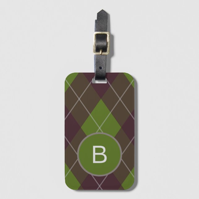 Classic Dark Green Argyle Pattern Monogram Luggage Tag (Front Vertical)