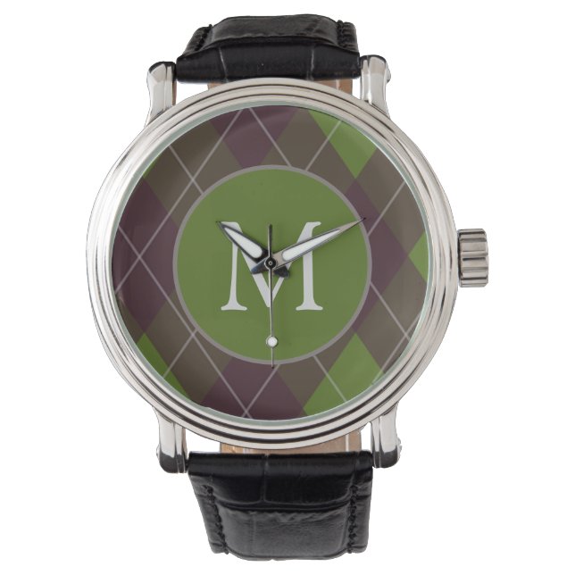 Classic Dark Green Argyle Pattern Monogram Watch (Front)