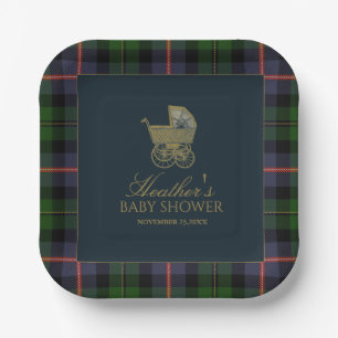Classic Dark Green Blue Plaid Baby Shower Paper Plate