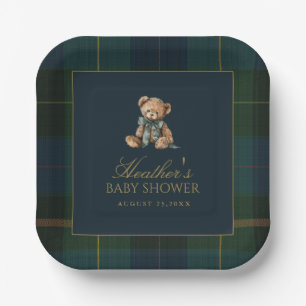 Classic Dark Green & Blue Plaid Baby Shower Paper Plate