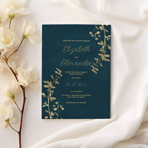Classic dark green elegant gold floral wedding invitation