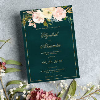 Classic dark green gold pink coral floral wedding invitation