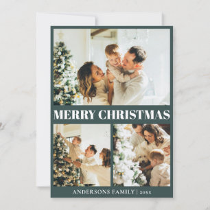 Classic Dark Green Minimal Christmas Photo Grid Holiday Card