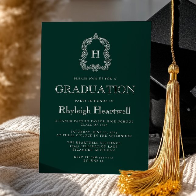 Classic Dark Green Monogram Crest Graduation Party Invitation (Creator Uploaded)