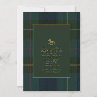 Classic Dark Green Plaid Equestrian Baby Shower Invitation