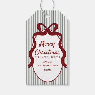 Classic Dark Green Stripes & Bow Frame Christmas  Gift Tags