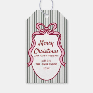Classic Dark Green Stripes & Bow Frame Christmas  Gift Tags